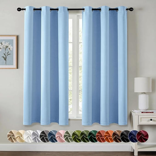 MIULEE Sky Blue Blackout Curtains for Bedroom Living Room 63 Inches Long 2 Panels, Thermal Insulated Room Darkening Drapes Solid Grommet Noise Reduction Light Blocking Window Treatments 40x63 Inch