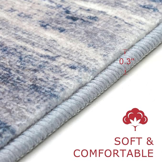 KOZYFLY Modern Abstract Washable Long Rug Runner 2.6x18 Hallway Rug Runner Non-Slip Soft Stair Runners, Grey-Blue Striped 18 feet Runner Rug for Kitchen Entryway Bathroom Laundry Room Foyer