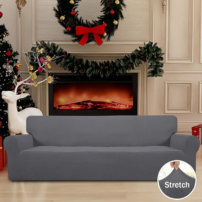 Easy-Going Stretch 4 Seater Sofa Slipcover 1-Piece Sofa Cover Furniture Protector Couch Soft with Elastic Bottom for Kids, Polyester Spandex Jacquard Fabric Small Checks Gray