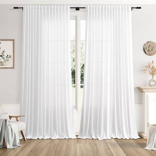 Extra Wide Linen Curtains for Living Room 102 Inch for Bedroom Divider Off White Rustic Farmhouse Drape Rod Pocket Back Tab Light Filtering Dinner/Office Window Curtain for Sliding Door，2 Panles