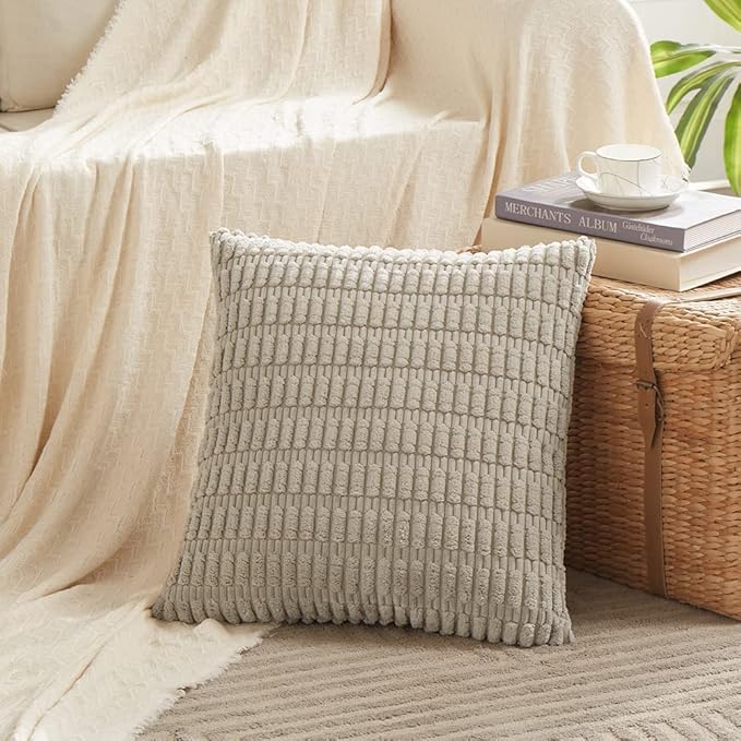Fancy Homi 4 Packs Taupe Decorative Throw Pillow Covers 18x18 Inch for Living Room Couch Bed, Rustic Modern Farmhouse Boho Home Decor, Soft Plush Corduroy Cute Accent Square Cushion Case 45x45 cm