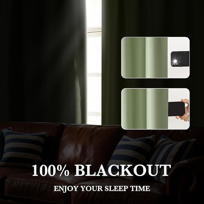 RYB HOME Bedroom Blackout Curtains 63 inches Long, 100% Blackout Thermal Insulated Noise Reducing Curtains for Living Room Nursury, 62 inches Wide by 63 inches Long, Sage Green