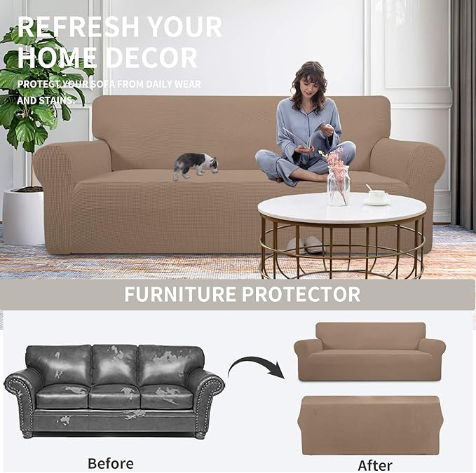 Easy-Going Stretch Oversized Chair Sofa Slipcover 1-Piece Couch Sofa Cover Furniture Protector Soft with Elastic Bottom for Kids Spandex Jacquard Fabric Small Checks Camel