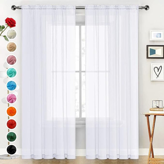 SpaceDresser Sheer Voile Window Treatment Rod Pocket Curtain Panels for Kitchen Bedroom Living Room Drapes Sunlight Filtering Privacy Semi Home Decor Assorted Colors Sizes (Optical White, 52 W x 90 L)