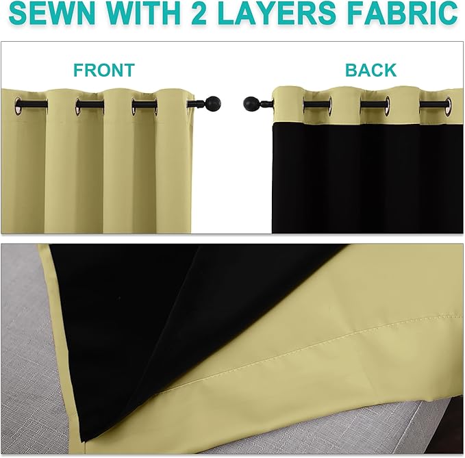 NICETOWN 100% Blackout Blinds, Set of 2, 52 inches x 102 inches, Laundry Room Decor Window Treatment Curtains for Large Patio Sliding Door, Thermal Insulated Paler Yellow Curtains for Bedroom