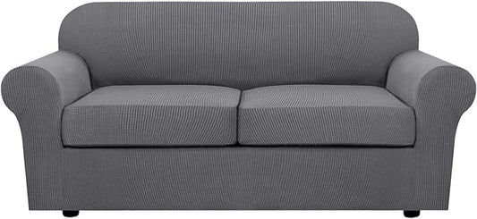 H.VERSAILTEX 3 Piece Stretch Sofa Covers for 2 Cushion Sofa Couch Covers for Living Room Furniture Cover (Base Cover Plus 2 Seat Cushion Covers) Thicker Jacquard Fabric(Large Sofa, Grey)