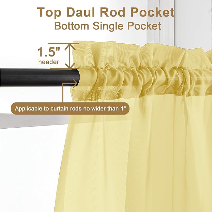 Chyhomenyc Mustard Yellow Sheer Curtains 45 Inches Long, Light Filtering Window Sheer Curtain Panel Drapes, Elegant Rod Pocket Soft Voile for Bedroom Living Room, Each 42Wx45L Inches, 2 Panels