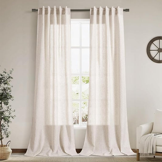 Beige Flax Linen Curtains 90 Inches Long for Bedroom 2 Panels Back Tab Loop Pocket Privacy Neutral Semi Sheer Curtains Country Rustic Farmhouse Light Filtering Drapes for Living Dining Room 40x90
