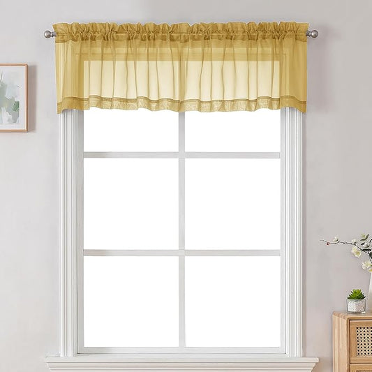Chyhomenyc Gold Sheer Valances for Windows - Light Filtering Small Kitchen Curtains, Rod Pocket Short Top Window Treatment Decor for Living Room Bathroom Basement, 42Wx16L inches, 2 Panels