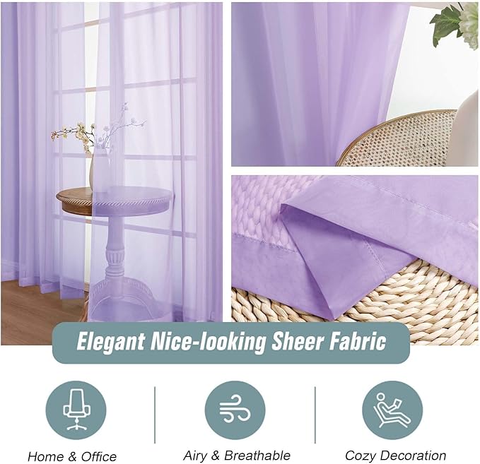 Lavender Sheer Curtains 90 Inches Long 2 Panels, Light Filtering Solid Sheer Curtains for Bedroom Living Room, Lightweight Soft Airy Voile Sheer Drapes, Dual Rod Pocket, 2x42Wx90L Inches