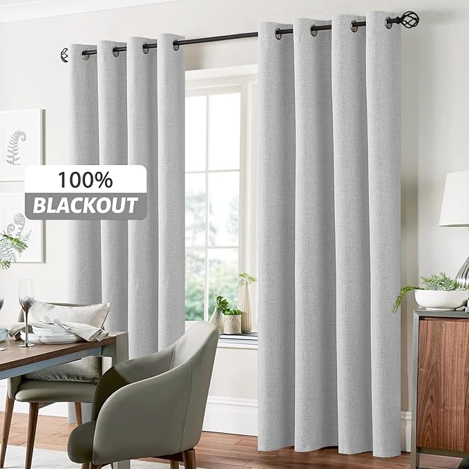 Yakamok White Linen Curtains 100% Blackout 63 Inches Long,Room Darkening Textured Curtains for Living Room Thermal Grommet Bedroom 2 Panels with Greyish White Liner