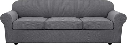 H.VERSAILTEX 4 Piece Stretch Sofa Covers for 3 Cushion Couch Covers for Living Room Furniture Slipcovers (Base Cover Plus 3 Seat Cushion Covers) Upgraded Thicker Jacquard Fabric (XL Sofa, Grey)