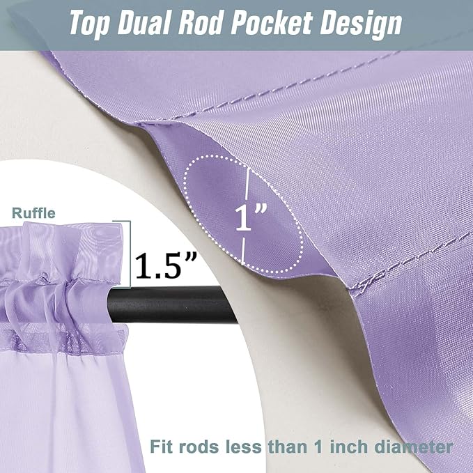 Small Sheer Curtains 2 Panels Set, Kitchen Curtains 36 Inch Length, Elegant Light Filtering Short Window Drapes for Living Room Bedroom, Dual Rod Pocket Design, Lavender, 2x42Wx36L Inches