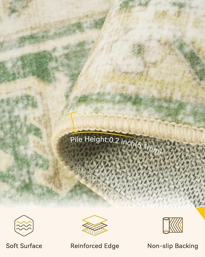RELEANY Area Rugs 6'x9' Washable Non-Slip, Floral Vintage Distress Print Pattern Medallion Carpet for Living Room Bedroom Dining Room, Sage Green Yellow