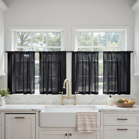 MIULEE Black Curtains 24 Inch Length for Small Window,4 Panels Set, Short Sheer Curtains Rod Pocket Light Filtering Tier for Kitchen/Bathroom/Basement, 42W x 24 Inches