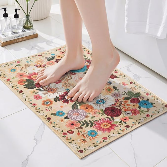 Area rugs 24x17 Inch Home Decor Entry Rug, Small Door Mat Bath Mats for Bathroom, Ultra-Thin Non Slip Floral Low Pile Tub Mat for Sink Shower Doorway Tub Kitchen Sink(2 x 1.4 ft, Yellow Garden)