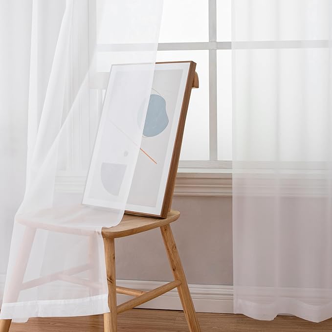 Simplebrand White Sheer Curtains, 63" Length, 2 Panels Set - Light Filtering, Rod Pocket Window Curtains for Bedroom (White, 59" W x 63" L)
