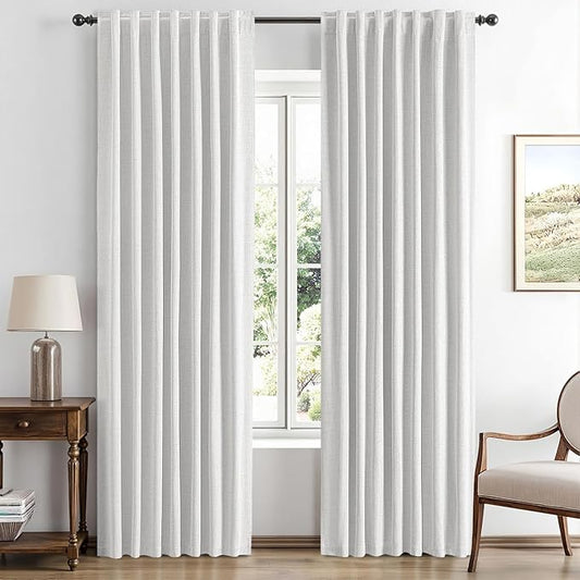 MIULEE 100% Blackout Linen Curtains for Bedroom, Heathered White Solid Luxury Decor Thermal Insulation Room Darkening Drapes for Living Room Nursery Back Tab Rod Pocket 42 x 90 Inches, 2 Panels