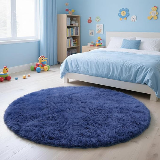 yulidayang Blue Fluffy Round Area Rugs for Bedroom,4'X4'Shag Circle Area Rugs for Living Room,Non Slip Fuzzy Plush Rug for Kids Room Boys Girls Room and Dorm Home Decor Rug