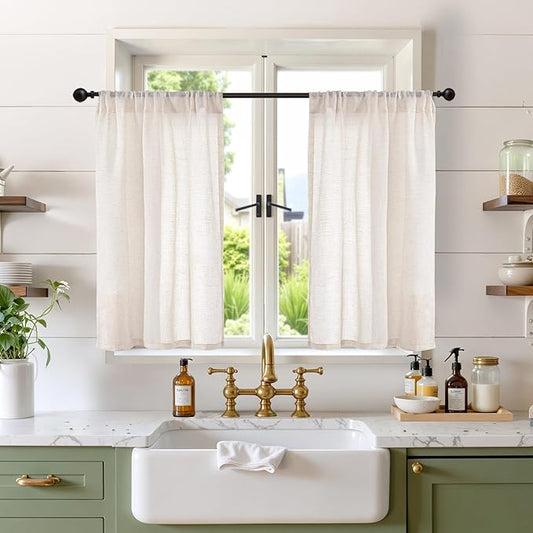 BGment 36 Inch Length Oatmeal Linen Curtains for Kitchen Window - Small Half Drapes Light Filtering Semi Sheer Natural Textured with Rod Pocket for Cafe Bathroom, 2 Panels Set, 30 X 36 Inch