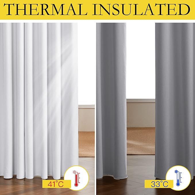 NICETOWN 100% Absolutely Blackout Linen Curtains with Thermal Insulated White Liner, White, 34 inches Wide, 70 inches Length Energy Saving Curtains for Living Room 2 Panels Set, Vertical Blinds