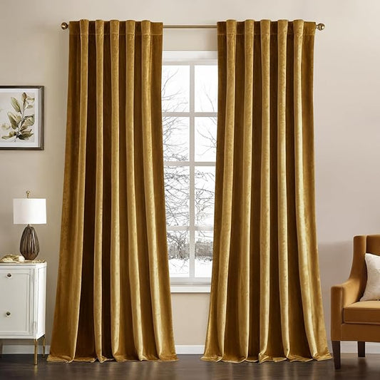 MIULEE Velvet Curtains 90 inches - Luxury Room Darkening Curtains for Bedroom Living Room Thermal Insulated Super Soft Window Drapes Rod Pocket & Back Tab, Gold, W52 x L90 inches, 2 Panels