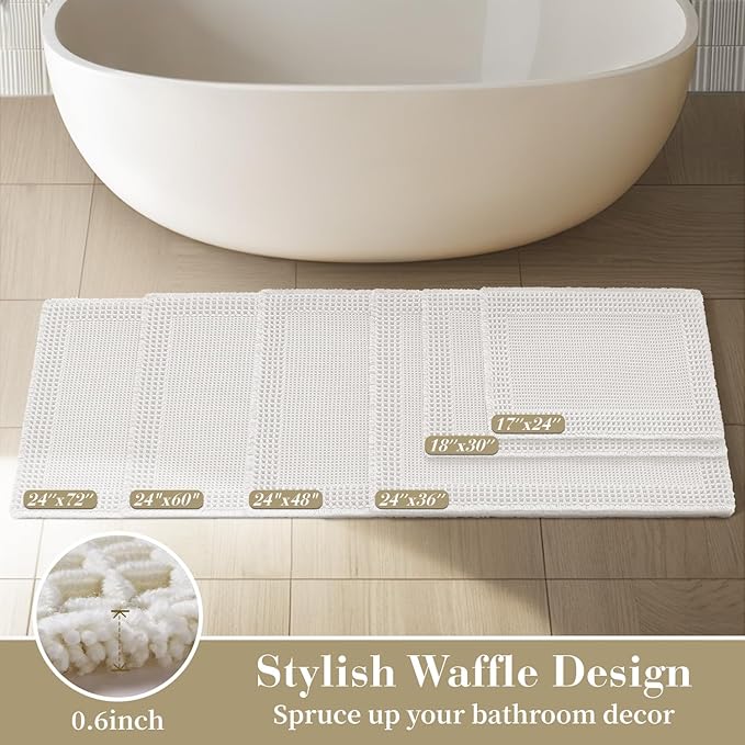 RESARE Waffle Bath Mat for Bathroom, Super Absorbent Bathroom Rugs Non Slip Machine Washable, Ultra Soft Quick Dry Boho Bath Rugs with Tassels for Floor, Upgraded Bordered Design, 24"x36" White