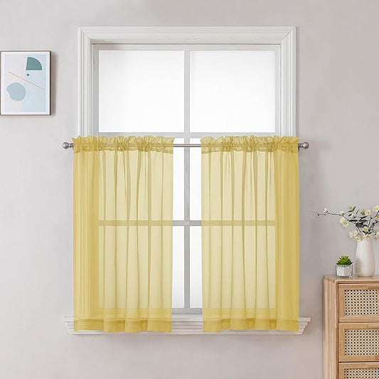 Chyhomenyc Mustard Yellow Short Sheer Curtains 30 inch Length, Light Filtering Half Window Curtians for Kitchen, Elegant Small Curtain for Basement Bathroom Cabinet, 42Wx30L inches, 2 Panels