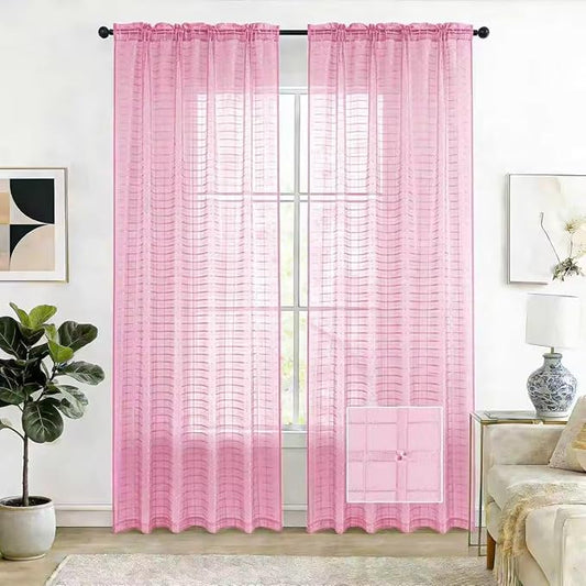 SpaceDresser Check Sheer Curtains 72 Inches 2 Panels Set, Rod Pocket Plaid Window Curtain for Living Room, Pink Semi Sheer Drapes for Kitchen Bedroom Children Room Yard（Pink, 52W x 72L）