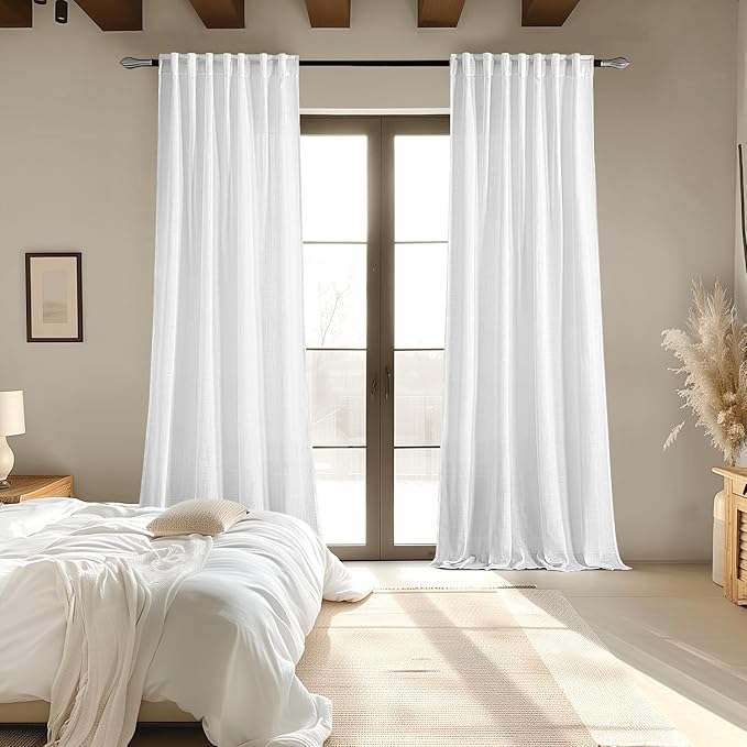 MIULEE White Linen Curtains 92 Inch Long 2 Panels for Bedroom Living Room, Soft Thick Linen Textured Back Tab Window Drapes Semi Sheer Light Filtering Rod Pocket Modern Farmhouse Decor