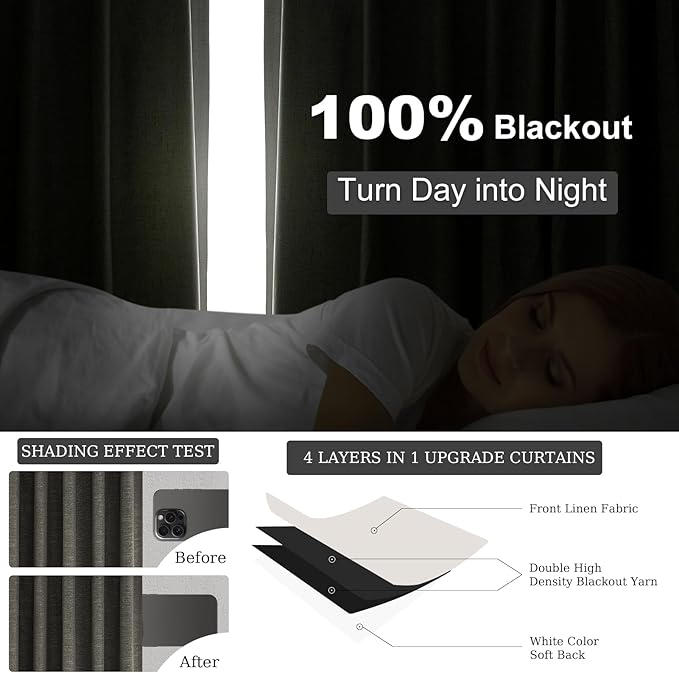 Topfinel 108 Inch Curtains 2 Panels Set Charcoal Grey Curtains 108 Inches Long for Livingroom Back Tab Hooks Pleated Blackout Tweed Linen Look Blacked Out Curtain for Bedroom,Dark Gray