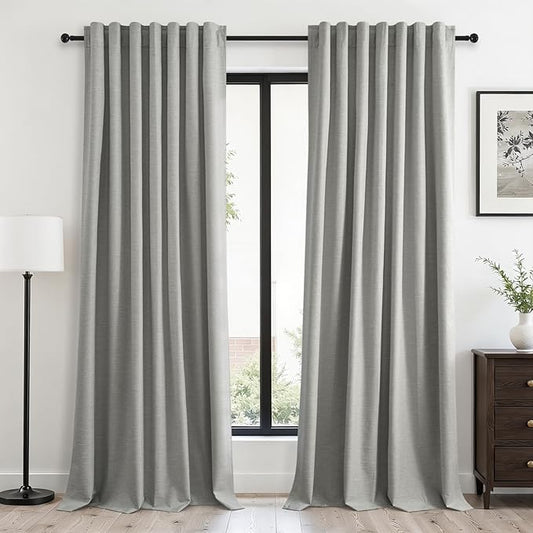 Frost Grey Blackout Linen Curtains 96 Inches Long 2 Panels for Bedroom 100% Black Out Curtains Thermal Insulated Noise Reducing Neutral Modern Living Room Darkening Window Drapes 96 inches Length