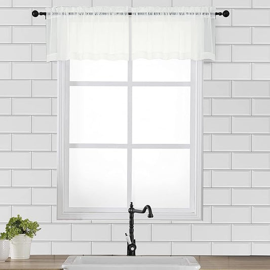 OVZME Ivory Window Valances Sheer Curtains, Modern Top Dual Rod Pocket Light Filtering Voile Drapes for Small Window Kitchen Cafe Sheer Curtains 2 Panels, 42W x 14L Inch