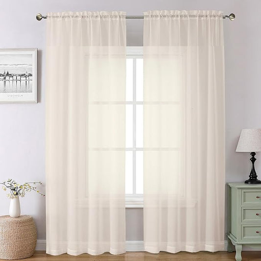 Chyhomenyc Cream Sheer Curtains 90 Inches Long - Light Filtering Solid Voile Window Panel Drapes for Bedroom, Elegant Soft Airy Living Room Sheer Curtains, Each 42Wx90L Inch, 2 Panels