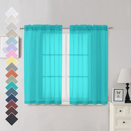 OVZME Turquoise Sheer Curtains 45 Inches Long 2 Panels, Light Filtering Sheer Curtains for Bedroom, Elegant Airy Draperies for Living Room Nursery Room, Dual Rod Pocket, Each 42Wx 45L