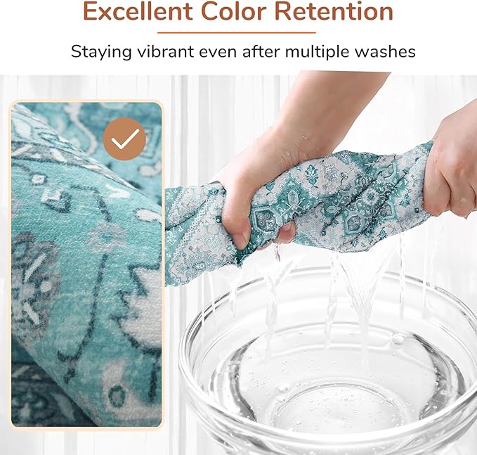 OPPODREAM Soft 10x14 Area Rugs, Washable Rugs 10x14 with Non Slip Backing, Low-Pile Faux Cashmere 10 x 14 Carpet, Teal & Turquoise & Cream