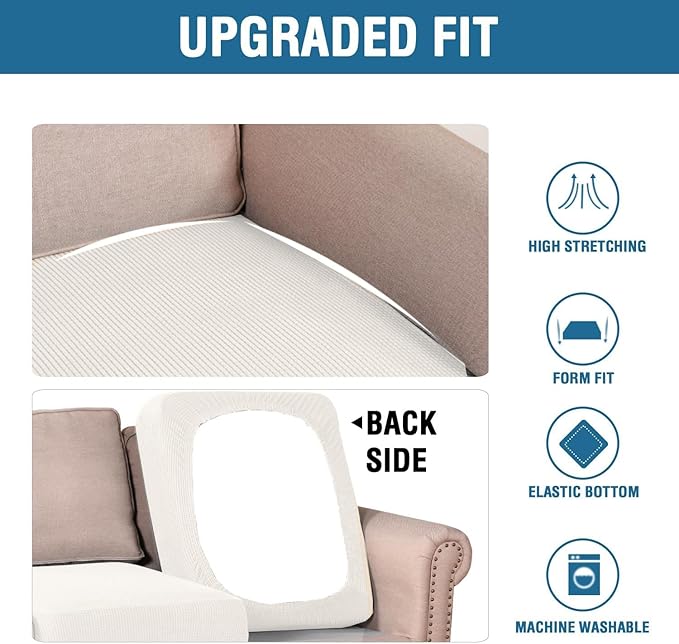 H.VERSAILTEX Super Stretch Individual Seat Cushion Covers - Sofa Couch Cushion Slipcover Sets - Thick Jacquard Textured Twill Fabric - Large (2 Piece, Porcelain White)
