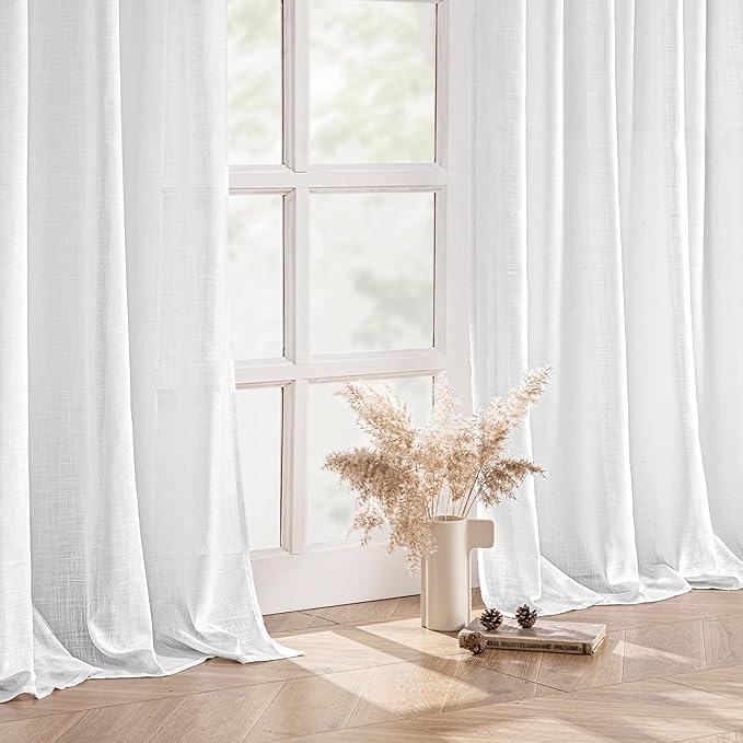 MIULEE White Linen Curtains 84 Inch Length 2 Panels for Bedroom Living Room, Soft Thick Linen Textured Back Tab Window Drapes Semi Sheer Light Filtering Rod Pocket Modern Farmhouse Decor