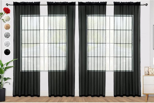 SpaceDresser Black Sheer Curtains 4 Panels Rod Pocket Semi-Sheer Curtain 84 Inches Long Light Filtering Voile Window Drapes for Bedroom Living Room Kitchen, Each 52W x 84L