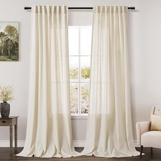 Warm Beige Linen Curtains 90 Inch Long 2 Panels Set for Bedroom Living Room Linen Textured Window Drapes Semi Sheer Light Filtering Rod Pocket Back Tab Cotton Textured Farmhouse Curtain 52x90