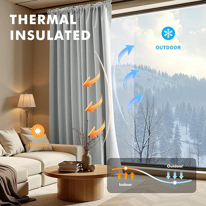 MIULEE 100% Blackout Linen Curtains for Bedroom, Grey Solid Luxury Decor Thermal Insulation Room Darkening Drapes for Living Room Nursery Back Tab Rod Pocket 42 x 90 Inches, 2 Panels
