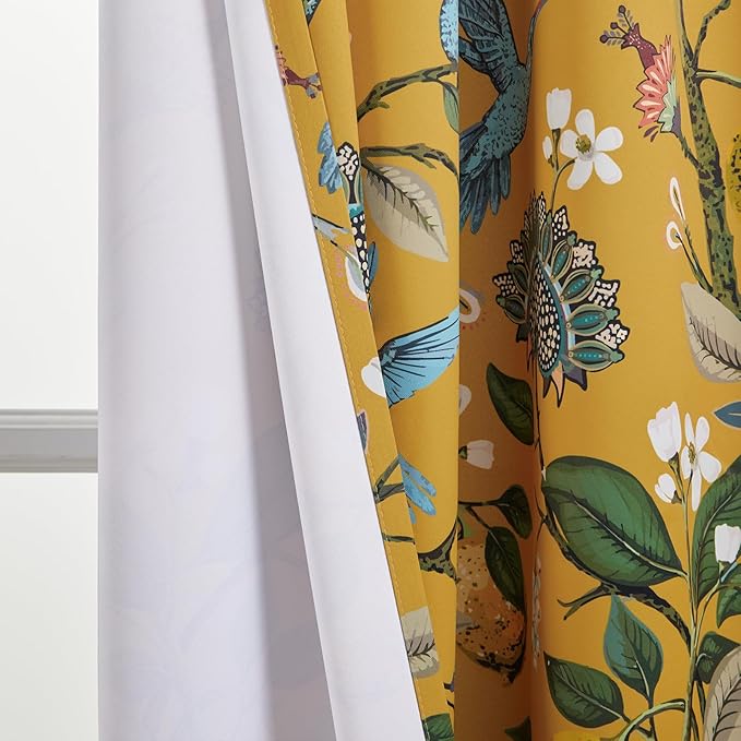 Extra Long 120 Inches Curtains for Large Window Luxury Mustard Yellow Floor To Ceiling Blackout Vintage Floral Hummingbird Fancy Grommet Drop Cloth Damask Drape for Living Room Dining 2 Pages 10 FT