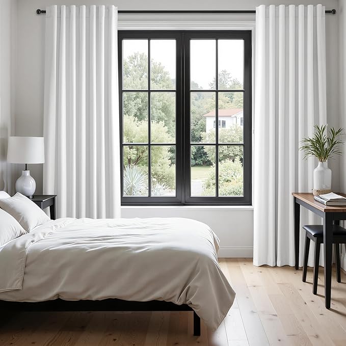 Beige White Linen blackout curtains 84 inch long 2 Panels 100% Black out Linen texture Curtain ivory Window Drapes with Back Tab Rod Pocket Sun Blocking Noise Insulated Curtain for Bedroom Living Room
