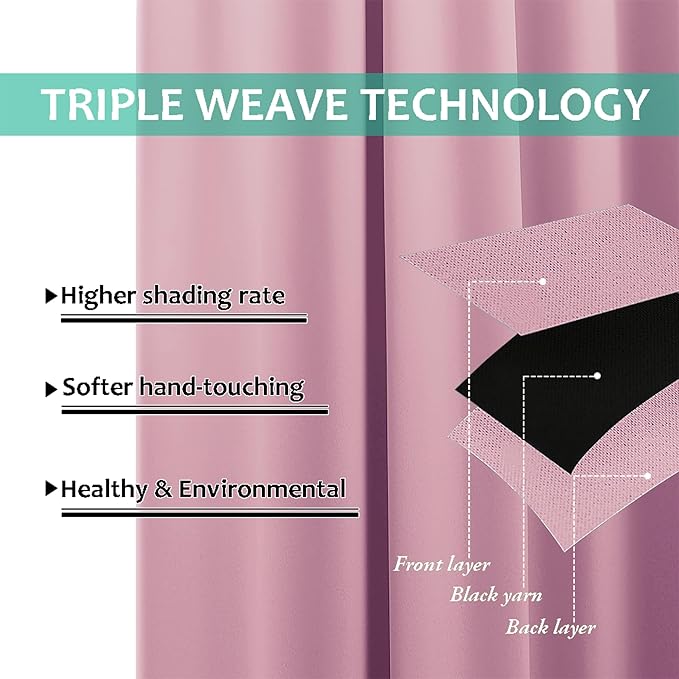 NICETOWN 100% Blackout Blinds, Set of 2, 52 inches x 102 inches, Laundry Room Decor Window Treatment Curtains for Large Patio Sliding Door, Thermal Insulated Crystal Pink Curtains for Bedroom