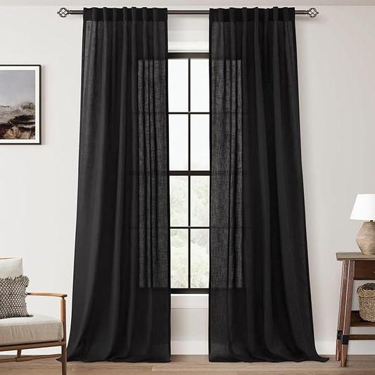 Black Linen Curtains 144 inches Long for Bedroom Back Tab Light Filtering Privacy Semi Sheer Black Curtains Living Room Boho Rustic Farmhouse Cotton Textured Gauze Curtain 2 Panel Set