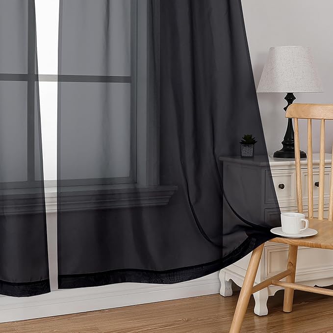 Simplebrand Black Tier Curtains for Kitchen 24 Inches Long 2 Panels Set, Rod Pocket Cafe Curtain Light Filtering Sheer Short Curtains for Bathroom/Basement Half Window 42 x 24 Inch, 2Pcs, Black