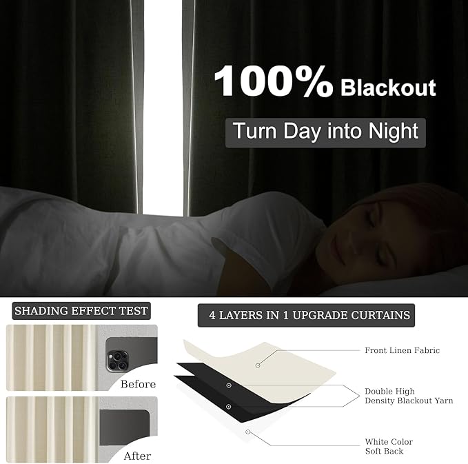 Topfinel 90 Inches Long Full Blackout Cream Linen Curtains for Bedroom, Light Blocking Ivory Pleated Thermal Cute Curtains, Decorative Elegant Lined Nursery Drapes 2 Panels Set for Sliding Door Winter