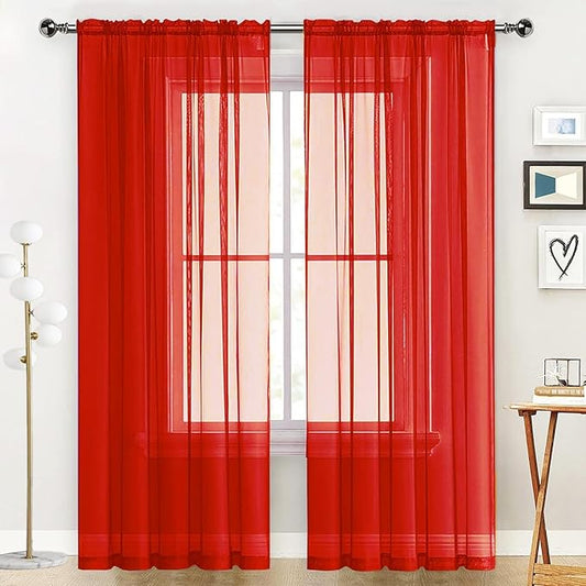 SpaceDresser Basic Rod Pocket Sheer Voile Window Curtain Panels Red 1 Pair 2 Panels 52 Width 96 Inch Long for Kitchen Bedroom Children Living Room Yard(Red,52 W x 96 L)