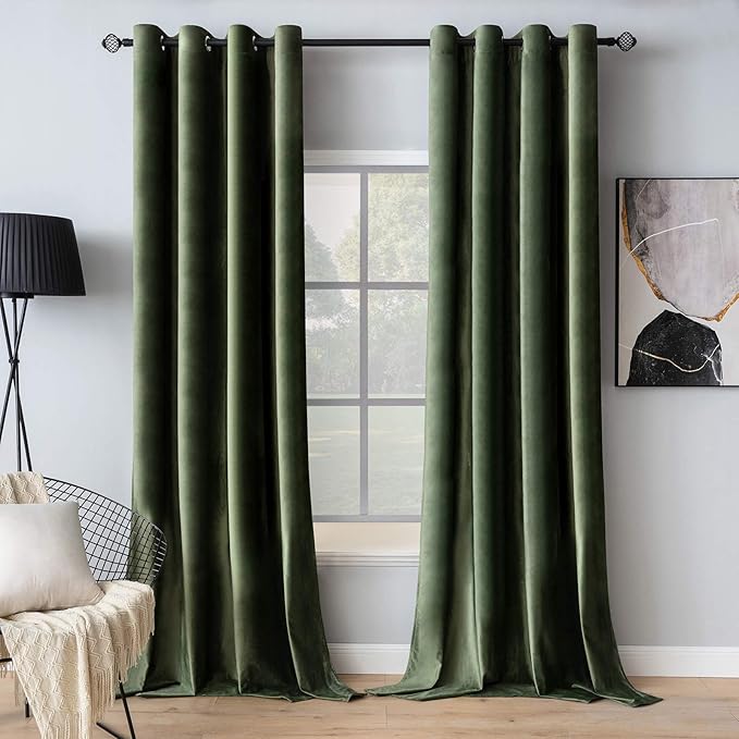 MIULEE Velvet Curtains Olive Green Elegant Grommet Curtains Thermal Insulated Soundproof Room Darkening Curtains/Drapes for Classical Living Room Bedroom Decor 52 x 102 Inch Set of 2