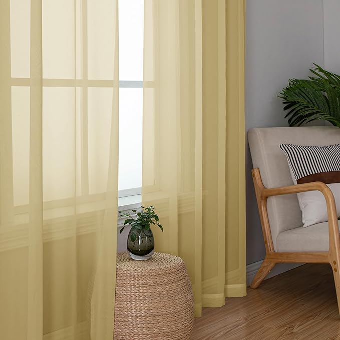 Simplebrand Gold Sheer Curtains 72 Inches Long 2 Panels for Living Room, Rod Pockets Airy Window Treatments Voile Sheer Curtains Panels Lightweight for Front Back Patio Glass Door, 42" Width
